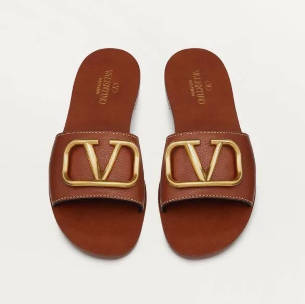 Valentino Garavani Women Brown Slides with V Gold Logo Size 8.5